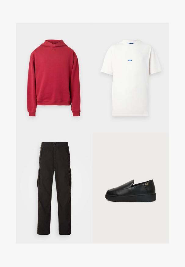 Rød bomulds-hoodie med afslappet pasform, der har en kængurulomme, ribkantsmanchetter og et diskret 'BOSS'-logo på brystet. Ensfarvet design.; Hvid T-shirt med korte ærmer og en lille blå rektangulær logo med teksten "HUGO" centreret på brystet, ensfarvet baggrund.; Sorte cargobukser med lige pasform, elastisk talje, flere sidelommer og et struktureret stof for holdbarhed.; Sort læder slip-on sko med tyk sål og små sideventilationshuller, med gulddetalje "HUGO" logo nær hælen.