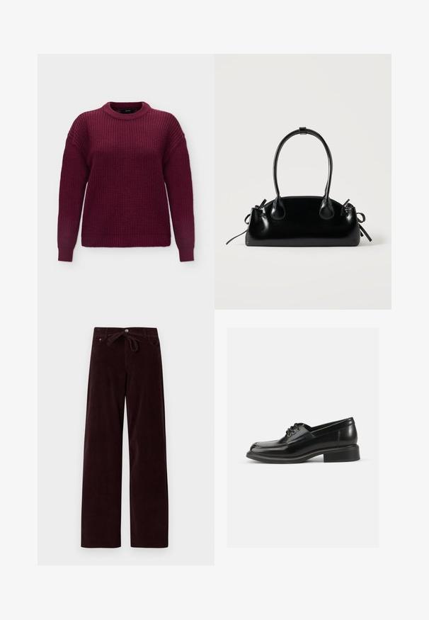 Jersey de punto de manga larga en rojo oscuro con cuello redondo y puños y bajo acanalados, mostrado sobre fondo blanco.; Pantalones de pana de color burdeos oscuro con un corte holgado, que cuentan con una cintura ajustable y bolsillos frontales. La textura es acanalada y la tela parece suave.; Zapato de dress de cuero negro con textura suave, puntera redondeada, dos ojales para cordones y un sólido tacón cuadrado. Diseño simple sin patrones.; Pequeño bolso negro brillante con dos asas largas y detalles de cordón lateral sobre un fondo claro liso.