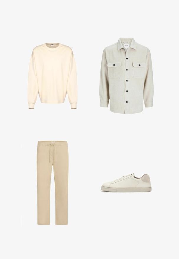 Sweatshirt surdimensionné de couleur crème avec des manches longues, un col rond et des poignets côtelés. Fabriqué à partir d'un matériau doux et lisse, au design minimal.; Chemise en flanelle beige avec un col, dotée de deux poches poitrine, de boutons noirs et de manches longues avec des poignets à bouton.; Pantalon en coton beige avec une taille élastique et un cordon de serrage ajustable. Coupe droite, texture lisse et aucun motif visible.; Baskets basses en cuir blanc avec lacets blancs, semelle légèrement texturée et patch en daim gris clair au talon, vue latérale.
