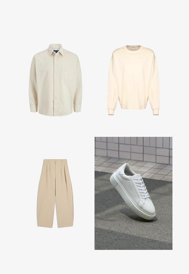 Sweatshirt surdimensionné de couleur crème avec des manches longues, un col rond et des poignets côtelés. Fabriqué à partir d'un matériau doux et lisse, au design minimal.; Chemise en velours côtelé beige avec un col, des manches longues, et une poche poitrine unique. Présente des rayures verticales étroites.; Pantalon beige taille haute à jambes larges avec plis, passants pour ceinture, fermeture par bouton et zip avant dissimulé.; Baskets en cuir blanc avec une surface lisse, bout rond et lacets plats blancs. Présentent une semelle en caoutchouc texturée et des éléments de design minimalistes.