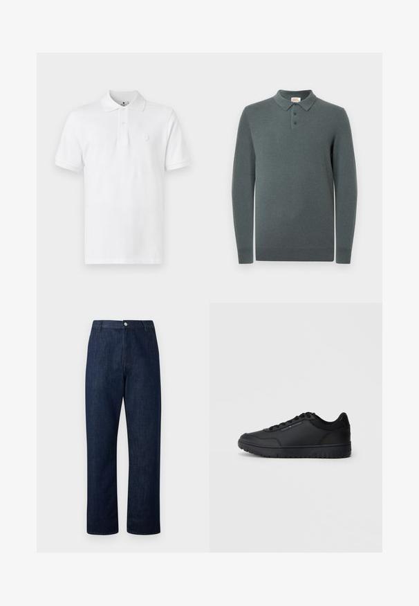 Polo en tricot à manches longues gris foncé avec trois boutons, bord-côtes aux poignets et en bas, présenté sur un fond blanc.; Polo shirt blanc en coton, doté d'un col classique, de manches courtes et d'un logo subtil brodé sur la poitrine.; Jean bleu marine à jambes droites avec passants pour ceinture, bouton sur le devant et fermeture éclair sur un fond clair uni.; Baskets noires de sport avec un matériau synthétique lisse, un embout rond, des accents perforés, un design à lacets et une semelle extérieure en caoutchouc texturé.