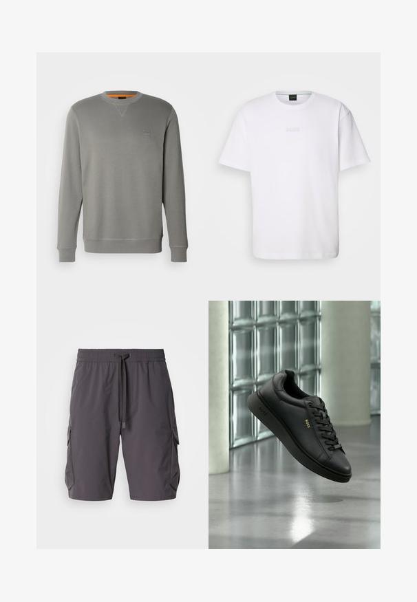 BOSS WESTART - Sudadera - open grey sixteen; Camiseta de algodón blanca de manga corta, con escote redondo y logotipo grabado de "BOSS" en el pecho. Textura suave, ajuste estándar.; Pantalones cortos cargo grises hechos de un tejido ligero, con cintura elástica y cordón, bolsillos laterales y un ajuste ligeramente holgado.; Zapatilla BOSS de cuero negro con cordones flotando en el interior frente a una pared de bloques de vidrio y con suelo de hormigón de fondo.