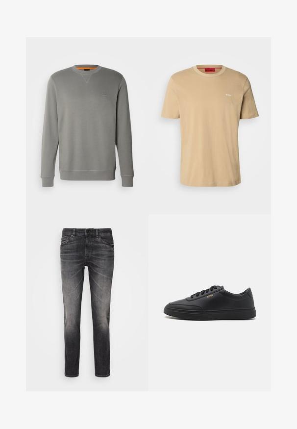 BOSS WESTART - Sweatshirt - open grey sixteen; Beige Baumwoll-T-Shirt mit Rundhalsausschnitt, kurzen Ärmeln und einem kleinen weißen "HUGO"-Logo auf der Brust. Glatte Textur ohne Muster.; Schwarze Jeans aus Denim mit einem verblassten Finish, Fünf-Taschen-Design, Knopfverschluss, geradem Bein und sichtbaren Nähte.; Schwarze Leder-Sneaker mit glatter Textur, runder Zehenpartie, flacher Gummisohle und einfarbigen Schnürsenkeln. Mit goldfarbenem "BOSS" Logo an der Seite.