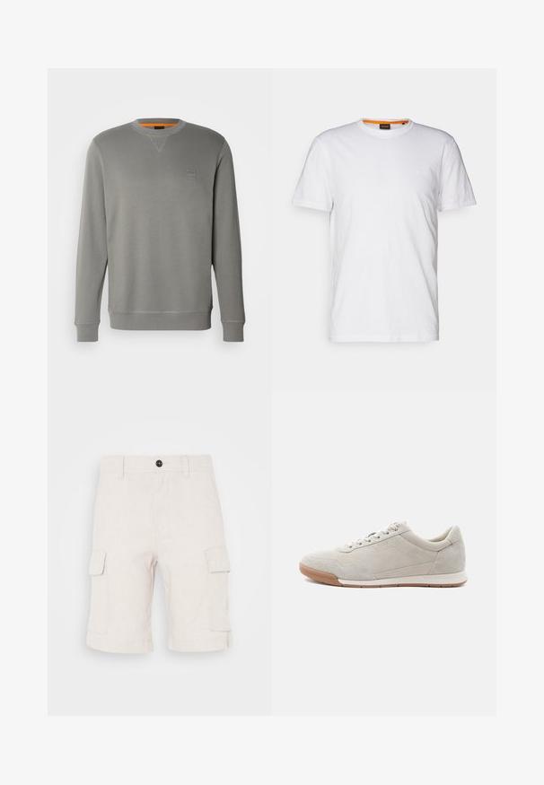 BOSS WESTART - Pusa - open grey sixteen; Valge puuvillane T-särk ümmarguse kaelusega, lühikeste varrukatega ja rinna peal diskreetse reljeefse logoga. Siseetiketil on oranž detail.; Beez värvi cargo lühikesed püksid, mis on valmistatud kerge kangaga, kahte küljetaskut ja volditud äärtuga. Nööp sulgemine vyöl.; Heledat beežid seemisnahast tossud valgete paelte, kummist tallaga ja peente õmbluse detailidega, kuvatud vasakult poolt valgel taustal.