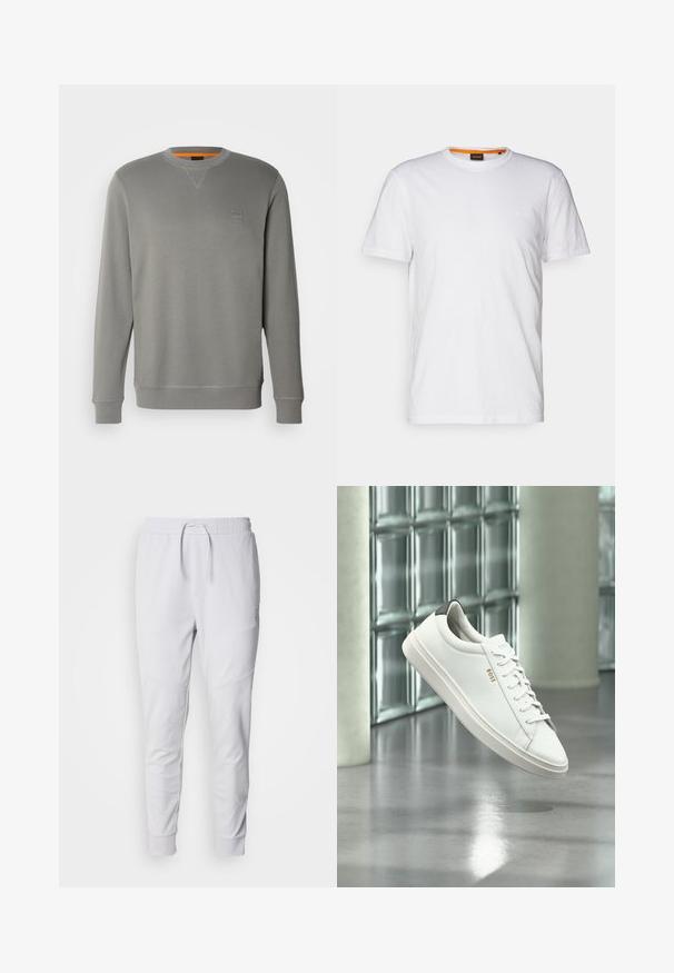 BOSS WESTART - Sweatshirt - open grey sixteen; Weißes Baumwoll-T-Shirt mit Rundhalsausschnitt, kurzen Ärmeln und einem dezenten geprägten Logo auf der Brust. Das Innenschild hat einen orangefarbenen Akzent.; Weiße Jogginghosen aus weichem Stoff, mit einem elastischen Bund und Kordelzug, zwei Seitentaschen und gerippten Bündchen an den Knöcheln.; Weißer Leder-Low-Top-Sneaker mit Schnürsenkeln, schwarzer Fersenschlaufe und „BOSS“-Logo, der drinnen nahe einer Glassteinwand und einem polierten Boden schwebt.