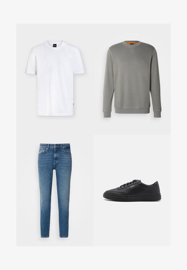 BOSS WESTART - Sweatshirt - open grey sixteen; Enkelt hvid T-shirt med korte ærmer og rund halsudskæring, med et lille sort mærke ved kraven og subtil tekstur i stoffet.; Lysblå denimjeans med lige pasform, traditionelt fem-lomme-design, metalknaplukning og diskret slid på fronten.; Sorte lædersneakers med en glat overflade, rund tå, flad gummisål og tonede snørebånd. Udstyret med guld "BOSS" branding på siden.