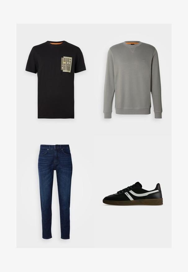 BOSS WESTART - Sweater - open grey sixteen; Zwarte katoenen t-shirt met een ronde hals en korte mouwen. Beschikt over een groen zakontwerp met bedrukte tekst en patronen.; Donkerblauwe denim jeans met een rechte pijpdesign, voorzien van zakken en een knoopsluiting bij de taille. Zachte textuur, minimale vervagingdetails.; Zwarte lage sneaker met bruine zool, witte zijstrepen, zwarte veters en tekst "BOSS" aan de zijkant, getoond vanuit het buitenprofiel.