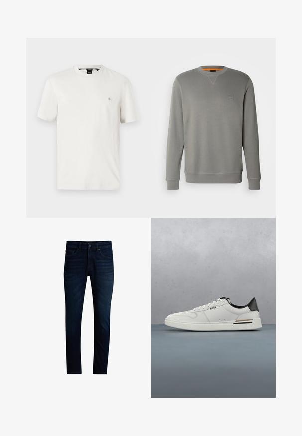 BOSS WESTART - Sweatshirt - open grey sixteen; Weißes Baumwoll-T-Shirt mit rundem Halsausschnitt, kurzen Ärmeln und einem kleinen Logo-Patch auf der linken Brust. Glatte Textur, normale Passform.; Dunkelblaue Slim-Fit-Jeans mit Vorderknopf- und Reißverschluss, Fünf-Taschen-Design und leichtem Used-Look an den Oberschenkeln.; Weißer Sneaker mit niedrigem Schnitt und schwarzer Ferse, Schnürverschluss, dezenten Perforationen und "BOSS"-Logo an der Seite, gezeigt von der äußeren Seitenansicht.