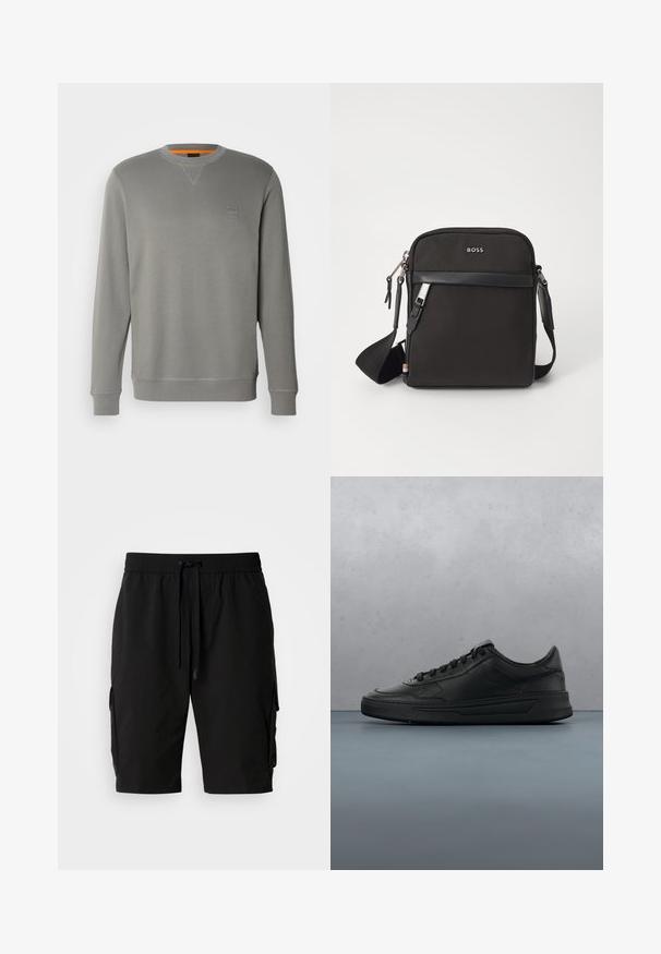 BOSS WESTART - Sweatshirt - open grey sixteen; Schwarze Cargo-Shorts aus leichtem Material, mit elastischem Bund, Kordelzug und seitlichen Cargo-Taschen für zusätzlichen Stauraum.; Schwarze Sneaker mit glattem Lederobermaterial, runder Zehenpartie, flachen Schnürsenkeln, gepolstertem Kragen und minimalistischem Design. Gummisohle mit subtiler Profilierung.; Schwarze Umhängetasche aus strukturiertem Stoff, mit Logo auf der Vorderseite, Reißverschluss und verstellbarem Tragegurt. Verfügt über eine glatte Lederbesatz.