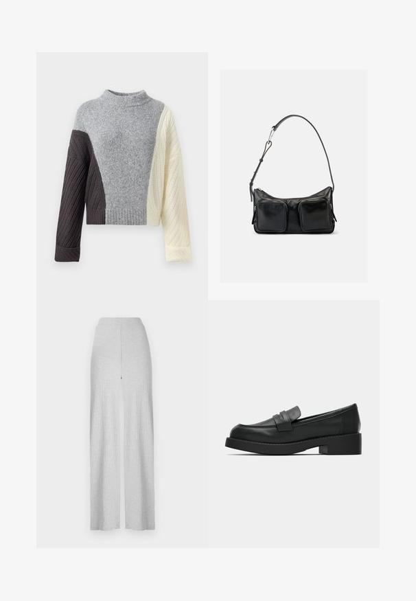 Pull en tricot épais avec un design bicolore en gris, marron foncé et crème, doté d'un col montant et de bords côtelés aux poignets et à l'ourlet.; Pantalons larges côtelés gris clair avec une taille haute et une fente avant. Fabriqués en tissu doux avec une texture lisse.; Mocassins en cuir noir à texture lisse, bout arrondi et petit talon bloc. Ils comportent une bride sur le dessus pour un détail supplémentaire.; Sac à bandoulière en cuir noir avec bandoulière réglable et deux grandes poches zippées à l'avant sur un fond clair uni.
