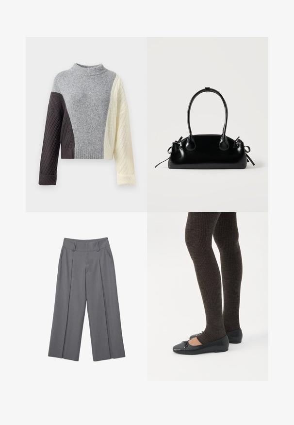 Pull en tricot épais avec un design bicolore en gris, marron foncé et crème, doté d'un col montant et de bords côtelés aux poignets et à l'ourlet.; Pantalon gris à jambes larges avec plis sur le devant, passants de ceinture et poches latérales, présenté à plat sur un fond blanc.; Jambes portant des leggings côtelés foncés associés à des ballerines noires avec de petits détails en nœud sur fond blanc.; Petit sac à main noir brillant avec deux longues anses et des détails à cordon sur les côtés sur un fond clair uni.