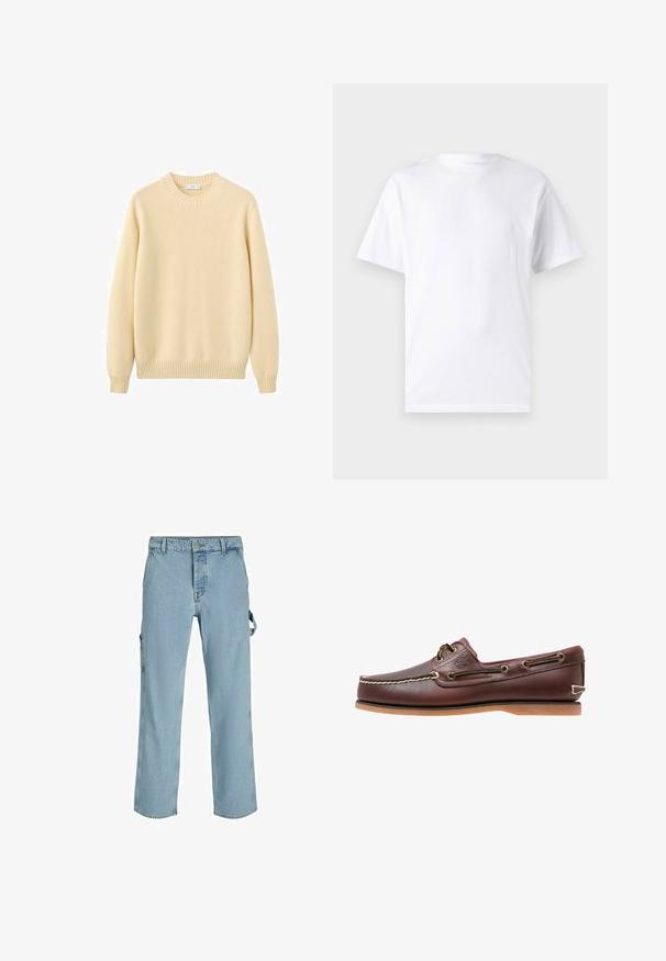 Suéter crema de cuello redondo hecho de material de punto suave. Cuenta con puños y dobladillo acanalados, con una textura suave y diseño simple y minimalista.; Camiseta blanca de manga corta hecha de algodón con cuello redondo, que presenta una textura suave y un diseño simple sin patrones ni acentos.; Pantalones cargo de mezclilla azul claro con un corte relajado, que cuentan con lazos de sujeción laterales y bolsillos frontales, mostrando una textura desgastada.; Zapato náutico de cuero marrón con costuras blancas, detalles de cordones y suela de goma color coñac, mostrado de lado sobre un fondo blanco.