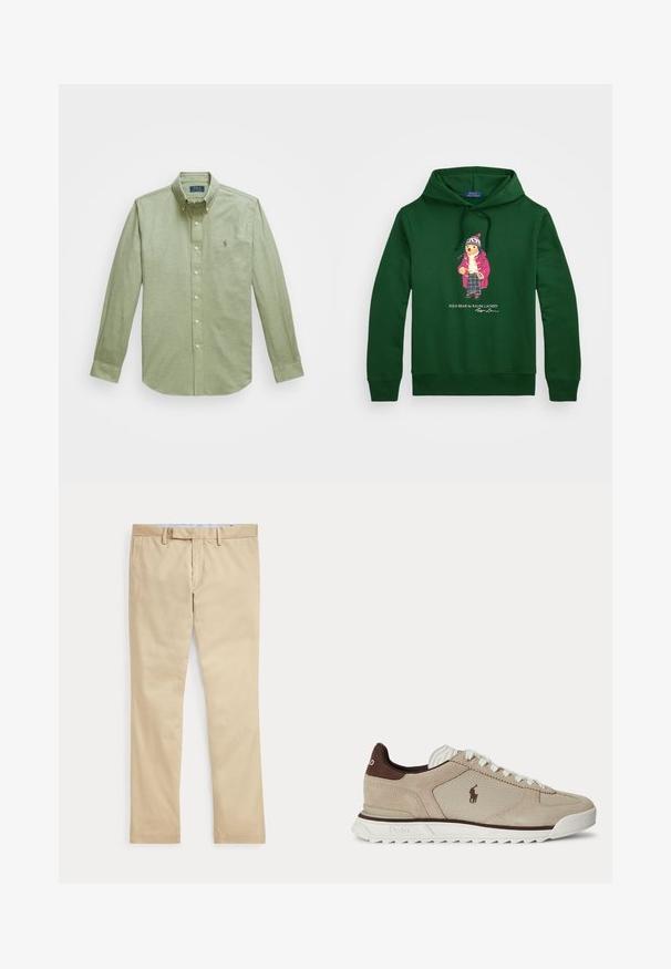 Sudadera de algodón verde con un gráfico de un oso vestido, con un gran bolsillo frontal y capucha con cordón. Texto del logo debajo del diseño.; Camisa verde claro de manga larga con botones, que presenta un cuello puntiagudo, un pequeño logotipo bordado en el pecho y botones de perla.; Pantalones beige de corte recto con trabillas para cinturón y cremallera frontal, colocados planos sobre un fondo blanco.; Zapatilla beige y marrón de corte bajo con cordones, suela blanca, paneles de malla y ante, y logo de Polo en el lateral.