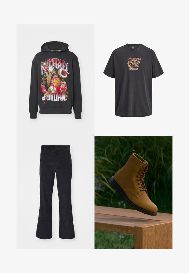 Sort hættebluse med grafisk tryk af en basketballspiller. Har fed "Michael Jordan" tekst og levende sportsbilleder i rød og gul.; Sort T-shirt med korte ærmer med farverig vintage-stil våbenskjold, røde bannere, gyldne mønter og teksten "Velvet Store Seal of Approval Copenhagen" foran.; Sorte kordfløjl bukser med en afslappet pasform, der har en klassisk talje og flagrende ben, blød tekstur og uden synlige mønstre eller detaljer.; Brune ruskinds ankelstøvle med brune snørebånd, en sort gummisål og en glat finish, vist over en træoverflade mod grønne omgivelser.