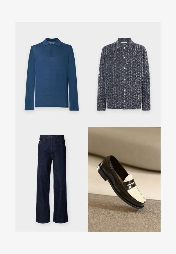 Marineblauw poloshirt met lange mouwen gemaakt van zacht materiaal, voorzien van een klassieke kraag, twee knopenlijst en een gladde textuur.; Marineblauw overhemd met knopen, gemaakt van een gestructureerde, patroonrijke stof met witte accenten. Met kraag, lange mouwen en een losse pasvorm. Zilveren knopen zichtbaar.; Donkerblauwe rechte spijkerbroek met een ontwerp van vijf zakken en knoopsluiting, getoond op een effen lichte achtergrond.; Zwarte leren instapper met een crèmekleurige bovenkant en zwarte accentstrepen, kenmerkend door een lage hak en gedetailleerde stiksels langs de randen.