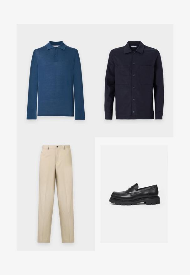 Marineblauw poloshirt met lange mouwen gemaakt van zacht materiaal, voorzien van een klassieke kraag, twee knopenlijst en een gladde textuur.; Marine button-up shirt met een klassieke kraag, twee voorzakken, lange mouwen en een gladde katoenstructuur.; Beige broek gemaakt van lichte stof, met een rechte pijp, enkele plooien aan de voorkant en een knoopsluiting bij de taille.; Zwarte leren loafer met dikke geribbelde zool en pennyriemdetail, getoond in rechter zijprofiel op witte achtergrond.