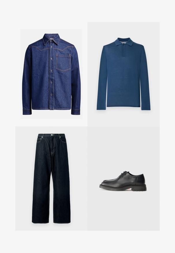Marineblauw poloshirt met lange mouwen gemaakt van zacht materiaal, voorzien van een klassieke kraag, twee knopenlijst en een gladde textuur.; Donkerblauwe denim overhemd met lange mouwen, puntige kraag, knoopsluiting, borstzak en contrasterende oranje stiksel.; Donkerblauwe wijde denimjeans met een sluiting van knoop en rits aan de voorkant, riemlussen en zichtbare stiksels op de zakken en naden.; Zwarte leren schoen met een gladde textuur, ronde neus en ondiepe gestikte versiering. Dikke rubbere zool met een lichte hak en grip patroon.