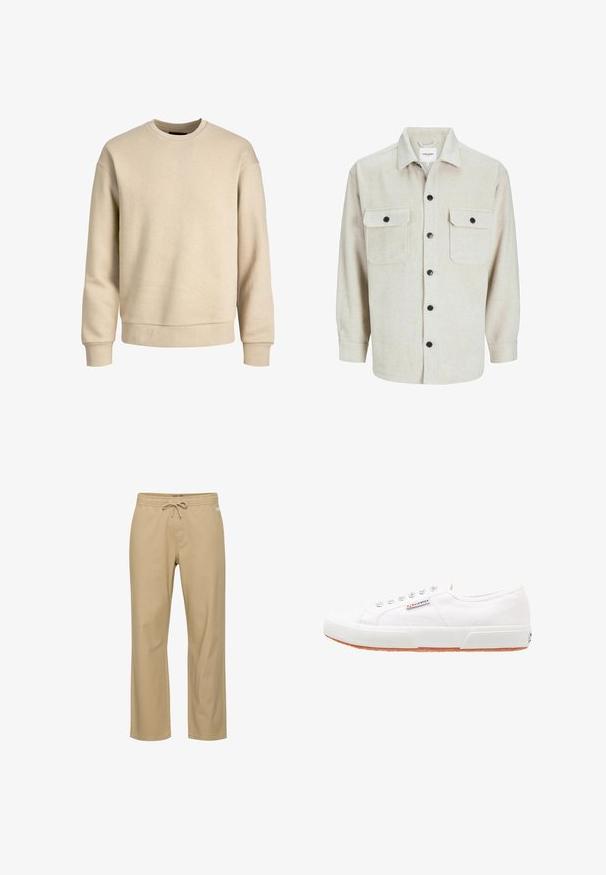 Sudadera beige hecha de una tela suave, con cuello redondo, mangas largas y puños y dobladillo acanalados para un ajuste relajado.; Camisa de franela beige con cuello, que presenta dos bolsillos en el pecho, botones negros y mangas largas con puños abotonados.; Pantalones de algodón beige de corte relajado con cintura elástica y cordón. Presentan bolsillos laterales y corte recto en las piernas. Sin patrones visibles.; Zapatillas de lona blancas con suela de goma, diseño de cordones y una pequeña etiqueta con el logo en el lateral. Parte superior texturizada blanca y suela marrón.