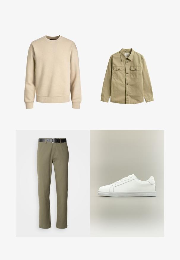 Sudadera beige hecha de una tela suave, con cuello redondo, mangas largas y puños y dobladillo acanalados para un ajuste relajado.; Camisa de manga larga color caqui con botones, cuello y dos bolsillos frontales con solapa y botón.; Pantalones rectos de color verde oliva, hechos de algodón, con un cinturón de cuero negro, costuras visibles y bolsillos laterales.; Zapatilla blanca de caña baja con cordones al frente y suela de goma texturizada sobre un fondo neutro y sencillo.