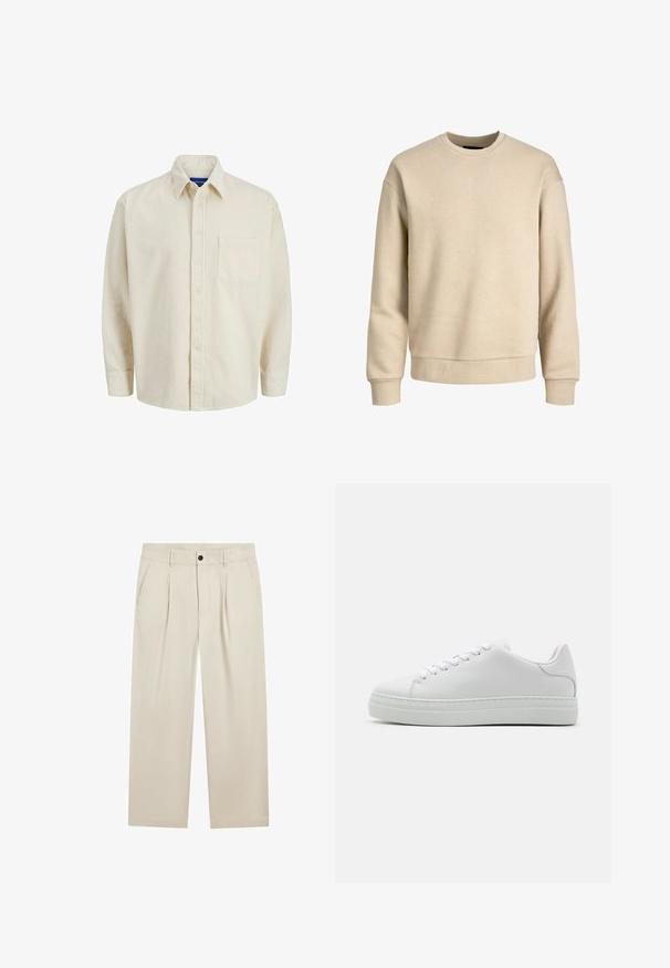 Beige sweatshirt lavet af blødt stof, med rund hals, lange ærmer og ribbede mansjetter og kant for en afslappet pasform.; Beige corduroy skjorte med knaplukning foran, krave, lange ærmer og en enkelt brystlomme. Har smalle lodrette striber.; Beige bukser med vide ben, forreste læg, sidelommer, bæltestropper og sort knaplukning i taljen.; Hvide lædersneakers med en chunky platformsål, rund tå og seks snørehuller. Glat tekstur med subtile syninger.