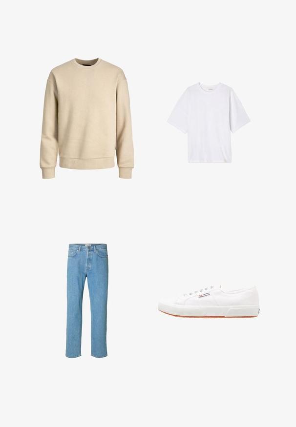 Sudadera beige hecha de una tela suave, con cuello redondo, mangas largas y puños y dobladillo acanalados para un ajuste relajado.; Camiseta blanca de manga corta hecha de tejido suave. Presenta un escote redondo y un corte relajado con un dobladillo recto. Sin patrones ni hardware.; Jeans de mezclilla azul claro con un diseño de pierna recta. Las características incluyen una bragueta con botón, cinco bolsillos y detalles cosidos a lo largo de las costuras.; Zapatillas de lona blancas con suela de goma, diseño de cordones y una pequeña etiqueta con el logo en el lateral. Parte superior texturizada blanca y suela marrón.