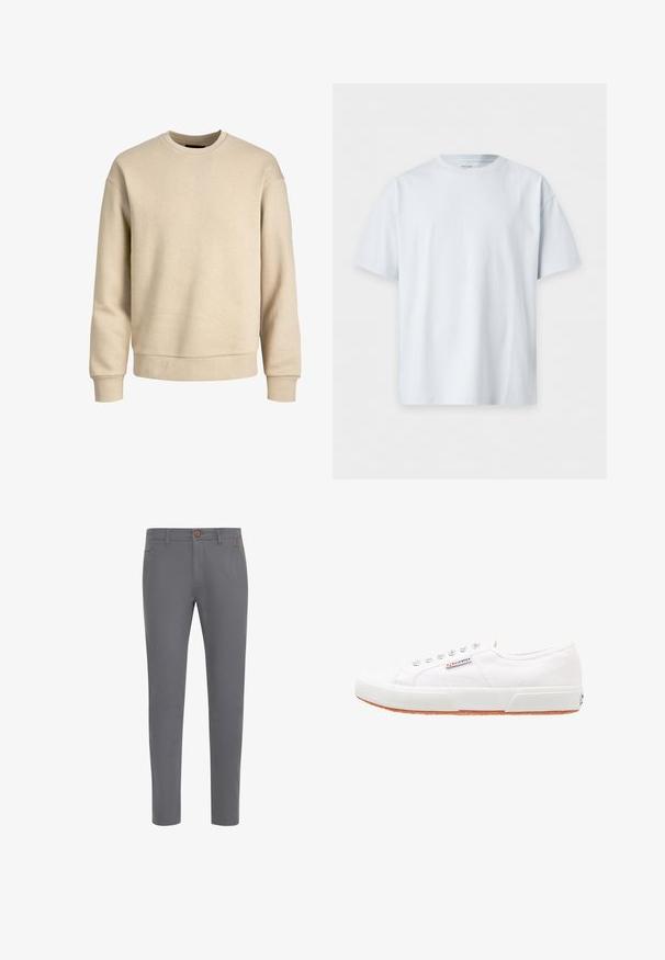 Beige sweatshirt gemaakt van zachte stof, met een ronde hals, lange mouwen en ribbelboorden en -zoom voor een ontspannen pasvorm.; Effen wit T-shirt met korte mouwen en ronde hals, plat gelegd tegen een witte achtergrond.; Grijze katoenen broek met een aansluitend ontwerp, voorzien van een knoopsluiting, standaardzakken en een gladde textuur.; Witte canvas sneakers met een rubberen zool, vetersluiting en een klein logolabel aan de zijkant. Gewreven wit bovenwerk en een bruine zool.