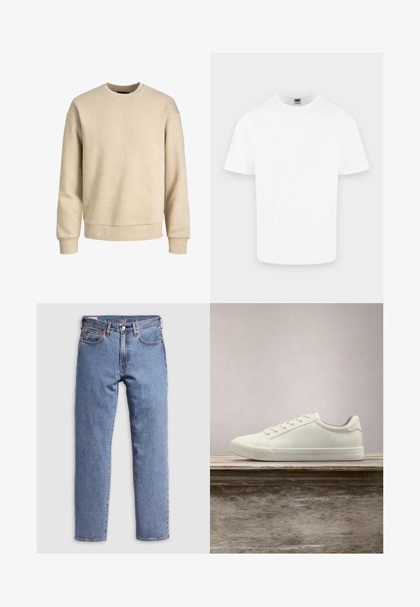 Beige sweatshirt gemaakt van zachte stof, met een ronde hals, lange mouwen en ribbelboorden en -zoom voor een ontspannen pasvorm.; Effen witte katoenen T-shirt met korte mouwen en ronde hals, weergegeven op een lichtgrijze achtergrond.; Blauwe rechte denim spijkerbroek met frontknop en rits, riemlussen en klassieke vijfzakkenstijl op een lichtgrijze achtergrond.; Witte vetersneaker die boven een houten bank zweeft met groene bladeren op de achtergrond, waarbij het ontwerp en de textuur van de schoen worden getoond.