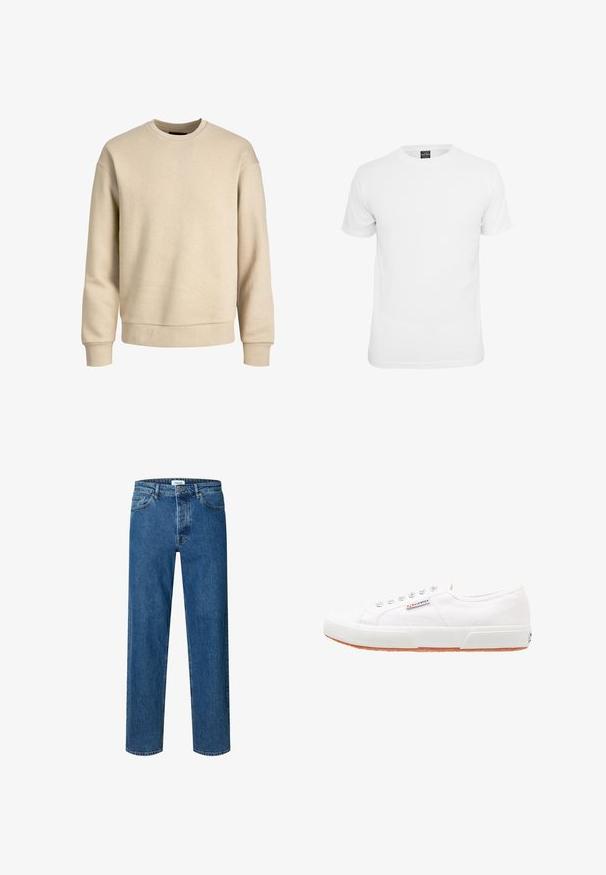 Beige sweatshirt gemaakt van zachte stof, met een ronde hals, lange mouwen en ribbelboorden en -zoom voor een ontspannen pasvorm.; Witte t-shirt met korte mouwen, gemaakt van katoen, voorzien van een ronde hals en een soepele textuur, ontworpen voor casual gebruik.; Blauwe straight-leg denim jeans met knoop- en ritssluiting, ceintuurlussen en een vijfzakkenontwerp.; Witte canvas sneakers met een rubberen zool, vetersluiting en een klein logolabel aan de zijkant. Gewreven wit bovenwerk en een bruine zool.