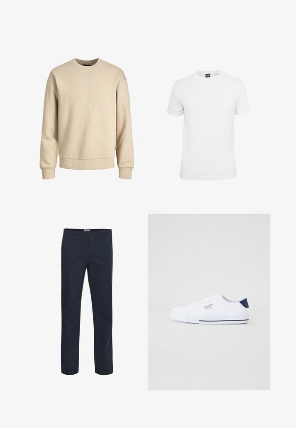 Sudadera beige hecha de una tela suave, con cuello redondo, mangas largas y puños y dobladillo acanalados para un ajuste relajado.; Camiseta blanca de manga corta, fabricada en algodón, con un cuello redondo y una textura suave, diseñada para el uso casual.; Pantalones azul marino fabricados con tejido de mezcla de algodón. Presentan un diseño clásico con bolsillos frontales y cremallera. Textura suave.; Zapatillas de lona blancas con un acento en el talón en color navy, suela de goma plana, punta redonda y cordones blancos. Presenta un logo en el costado.