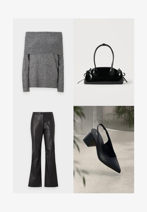 Pull gris dénudé sur les épaules avec une texture côtelée et un design uni. Présente des manches longues et un col large côtelé pour ajouter du détail.; Pantalons évasés en cuir noir avec une texture lisse, dotés d'une fermeture éclair avant et d'un bouton. Le design est ajusté au niveau des hanches, s'évasant au niveau de l'ourlet.; Escarpin noir en cuir avec un bout pointu et un talon bloc. Texture lisse, design minimaliste et bride de cheville réglable.; Petit sac à main noir brillant avec deux longues anses et des détails à cordon sur les côtés sur un fond clair uni.