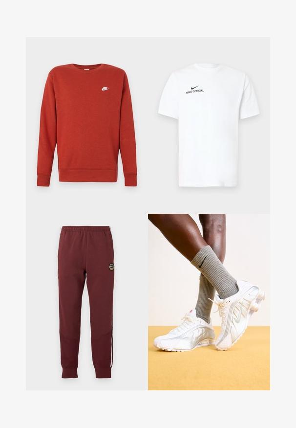 Sudadera roja de algodón con mangas largas y puños acanalados. Presenta un pequeño logotipo blanco de Nike en el lado superior izquierdo del pecho. Diseño clásico de cuello redondo.; Camiseta blanca de algodón con mangas cortas. Presenta un logo negro de "Nike Official" y una marca de verificación (swoosh) negra en el lado izquierdo del pecho.; Chándal marrón con un logo hexagonal de Nike, cinturilla elástica, dos bolsillos laterales y rayas laterales blancas. Tejido texturizado con diseño de pierna ajustada.; Zapatillas Nike en blanco con detalles plateados, con paneles texturizados y perforaciones. Combinadas con calcetines grises acanalados, sobre un fondo amarillo.