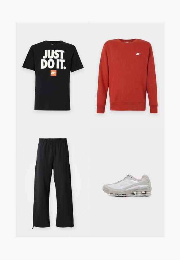 Punane puuvillane dressipluus pikkade varrukatega ja soonikkoes mansettidega. Vasaku üla-rinna juures on väike valge Nike logo. Klassikalise ümara kaelusega disain.; Must musta T-särk lühikeste varrukatega. Efektiivne suur valge tekst "JUST DO IT." väikese oranži Nike logo kohal. Tavaline ringkaeluse disain.; Mustad laiad mustad püksid pehmest kangast, millel on elastne vöökoht ja nöör, küljetaskud ning sile tekstuur.; Hall-valge spordijalats nähtava õhkmadratsi ja võrgust detailidega, esitatud küljepildina lihtsal heledal taustal.
