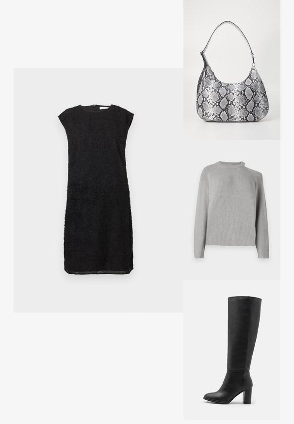 Copenhagen Muse COLIN PULLOVER - Svetrík - light grey; Čierne šaty s textúrovanou látkou, krátkymi rukávmi na ramienkach, okrúhlym výstrihom a skrytým zipsom na chrbte. Rovný strih, dĺžka po kolená.; Čierne členkové čižmy vyrobené z hladkej kože, s robustným podpätkom a zaoblenou špičkou. Minimalistický dizajn bez viditeľného kovania alebo ozdôb.; Mäkká čierna a biela taška cez rameno s hadím vzorom zaobleného tvaru, hladkou textúrou a zakriveným popruhom. Obsahuje akcenty zo strieborného kovu.