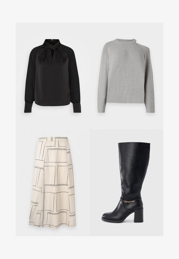 Copenhagen Muse COLIN PULLOVER - Trui - light grey; Zwart satijnen blouse met een hoge kraag, geplooide details bij de hals en lange mouwen met aansluitende manchetten. Soepele textuur, minimalistisch ontwerp.; Beige midirok met zwart onregelmatig rechthoekig rasterpatroon, A-lijn silhouet en zijsplit detail.; Zwarte leren laarzen tot aan de knie met een gestructureerde afwerking, een vierkante neus en een chunky blokhak. Voorzien van een gouden kettingaccent rond de enkel.