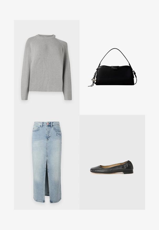Copenhagen Muse COLIN PULLOVER - Svetrík - light grey; Fabienne Chapot CARLYNE SKIRT - Denimová sukňa - light blue tinted; Čierne kožené baletky s okrúhlou špičkou a minimálnym šitím. Nízky, obdĺžnikový podpätok a hladká textura. Diskrétny detail podšívky vnútri.; Čierna obdĺžniková kabelka Calvin Klein s jedným horným remienkom, strieborným logom príveskom a malým preklopeným zapínaním na prednej strane.