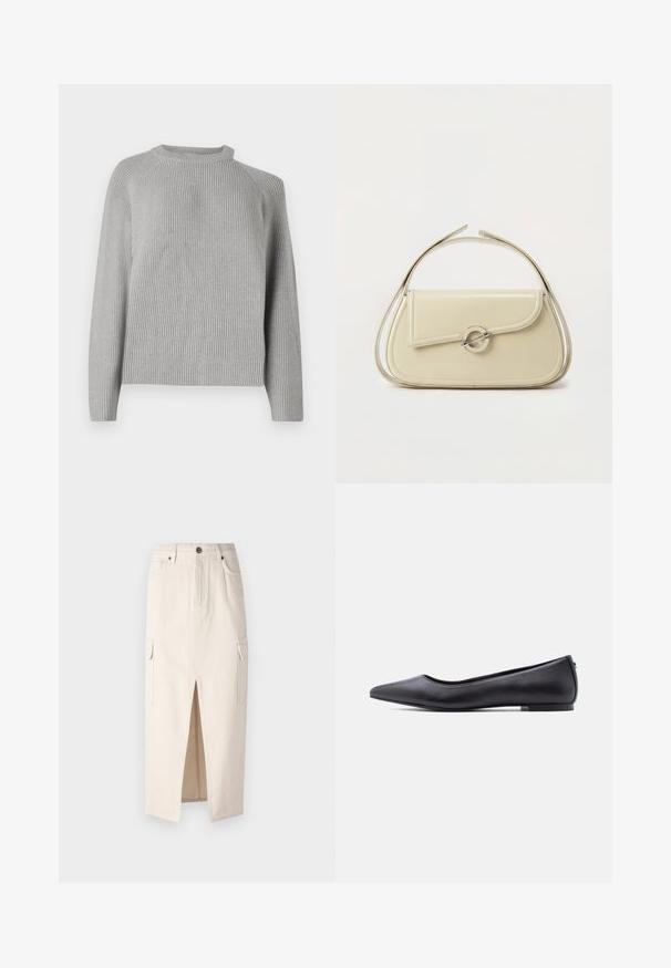 Copenhagen Muse COLIN PULLOVER - Džemper - light grey; Beežist denimist midi seelik, millel on ees lõhik, kaks küljetaskut ja kõrge vöökohaga disain. Omab nööpidega kinnitust ja peent tekstuuri.; Must nahkjala kinga madala kontsaga, külgvaates valge tausta ees.; Kreemikas nahast käekott kaarekujulise klapiga, ümmarguse hõbedase klambriga ja lühikese ülemise sangaga tavalise valge tausta peal.