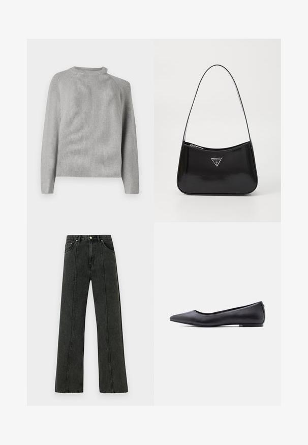 Copenhagen Muse COLIN PULLOVER - Jersey de punto - light grey; Vaqueros de tiro alto y pierna ancha en denim gris oscuro. Presentan un diseño clásico de cinco bolsillos y costuras visibles a lo largo de las costuras frontales.; Zapato plano de cuero negro con punta puntiaguda y tacón bajo, mostrado de perfil contra un fondo blanco.; Bolso de hombro de charol negro con forma curva, que presenta un logotipo triangular plateado y un cierre de cremallera. Textura suave y correa delgada.