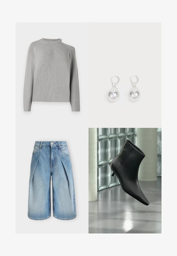 Copenhagen Muse COLIN PULLOVER - Πουλόβερ - light grey; Φαρδιά σορτς από ανοιχτό μπλε τζιν με πτυχώσεις μπροστά, θηλιές για ζώνη, φερμουάρ, κούμπωμα με κουμπί και τσέπες μπροστά και πίσω.; Μαύρο δερμάτινο μποτάκι αστραγάλου με μυτερή μύτη και χαμηλό τακούνι τύπου kitten heel, εμφανίζεται σε γωνία μπροστά σε γυαλισμένο πάτωμα και τοίχο από γυάλινους τούβλους.; Ασημένια σκουλαρίκια με λεία, στρογγυλά, ανακλαστικά επιφάνειες που κρέμονται από γάντζους. Το φόντο είναι λευκό.