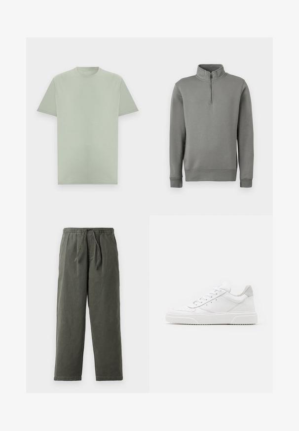 Sweat à capuche gris avec un col zippé à mi-hauteur, des poignets côtelés et un ourlet droit. Fabriqué en tissu doux avec une texture lisse.; T-shirt vert clair à manches courtes et col rond avec une texture subtile de rayures horizontales, présenté sur un fond neutre.; Pantalons vert olive foncé avec ceinture à cordon en tissu léger. Coupe ample avec jambes droites et sans poches ni embellissements visibles.; Des baskets en cuir blanc avec une finition lisse, un bout rond, des lacets plats et une semelle texturée. Accents en daim gris au niveau du talon.