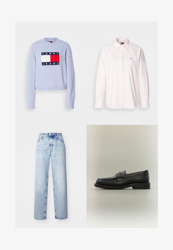 Vaaleansininen lyhyt neuletakki, joka on valmistettu pehmeästä kankaasta ja jossa on ribbireunat. Siinä on suorakulmainen logo punaisella, valkoisella ja laivastonsinisellä, jossa lukee "TOMMY JEANS."; Vaaleanpunainen pitkähiha shirt button-up, joka on valmistettu puuvillasta. Sen klassinen kaulus ja pieni brändilogo vasemmassa rinnassa.; Vaaleansiniset korkeavyötäröiset farkut, joissa on löysä leikkaus, suoralahkeiset, viisi taskua sekä klassinen nappi- ja vetoketjukiinnitys.; Musta nahkainen miesten loafer-kenkä, jossa on mokkatötteröommel, koristeellinen nauha, jossa kaksi kultanaulaa, ja matala pino korko neutraalilla taustalla.