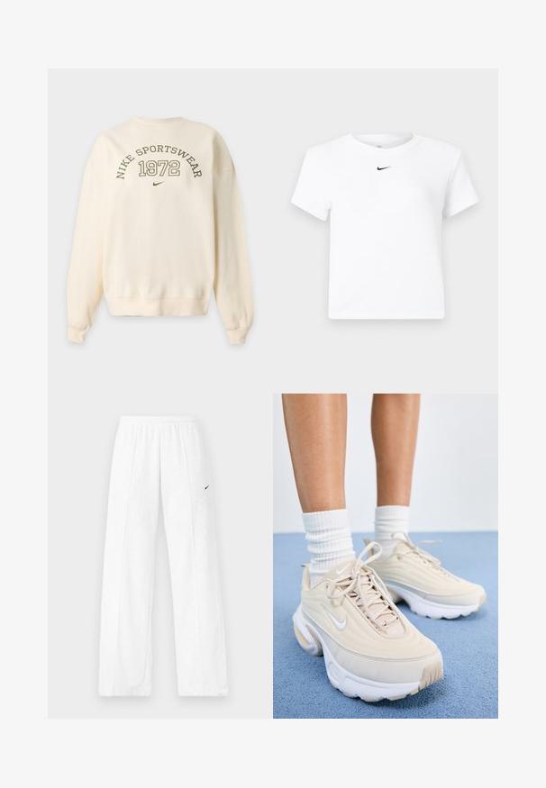 Cremefarbener Pullover mit "NIKE SPORTSWEAR 1972" und einem kleinen Nike-Swoosh-Logo auf der Vorderseite.; Weißes, kurzärmeliges Nike-Bauchfreies T-Shirt mit einem kleinen schwarzen Nike-Swoosh-Logo, das unterhalb des Halsausschnitts zentriert ist.; Weiße Jogginghose mit elastischem Bund und schwarzem Nike-Swoosh-Logo am linken Oberschenkel, vor einfarbigem Hintergrund dargestellt.; Beige Sportschuhe mit einem strukturierten Obermaterial, weißen Schnürsenkeln und einer dicken weißen Sohle. Das Design verfügt über dezente Kurven und ein kleines Logo.