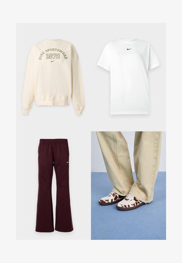 Mikina krémovej farby s "NIKE SPORTSWEAR 1972" a malým logom Nike swoosh potlačeným na prednej strane.; Biele tričko s krátkym rukávom a okrúhlym výstrihom, na ktorom je malé čierne logo Nike swoosh umiestnené tesne pod výstrihom.; Bordové športové nohavice so širokým strihom, elastickým pásom a bočnými vreckami. Obsahujú biele lemovanie a malé logo vpredu.; Biele a hnede vzorované tenisky z mesh a kože, s hnedými gumovými podrážkami. Skombinované so svetlobežovými voľnými nohavicami.