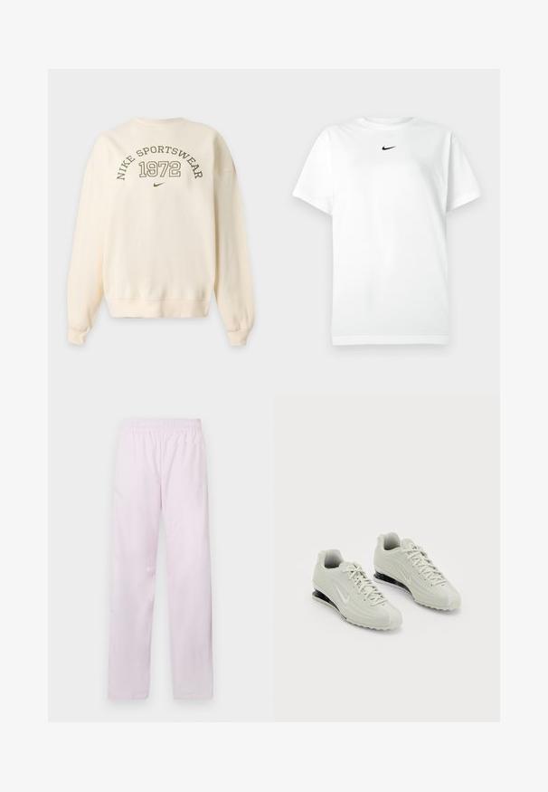 Φούτερ σε κρεμ απόχρωση με "NIKE SPORTSWEAR 1972" και μικρό λογότυπο Nike swoosh τυπωμένο στο μπροστινό μέρος.; Λευκό T-shirt κοντομάνικο με στρογγυλή λαιμόκοψη και μικρό μαύρο λογότυπο Nike κάτω από τον λαιμό.; Ροζ αθλητικές παντελόνες Nike με ελαστική μέση, ίσιους μηρούς και διακριτό λευκό λογότυπο Nike swoosh στο αριστερό μηρό.; Λευκά αθλητικά παπούτσια Nike με υφή στην πάνω πλευρά, που διαθέτουν λείο καπάκι δαχτύλων και μαύρες λεπτομέρειες στη σόλα. Στυλ με κορδόνια και ενισχυμένη φτέρνα.