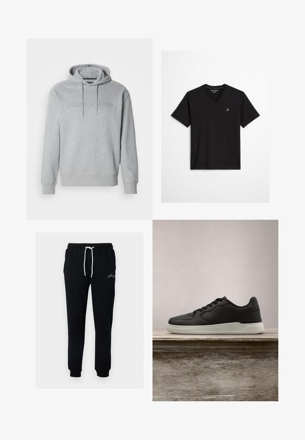 Haut à capuche gris en tissu mélangé de coton, avec un cordon de serrage à la capuche et un logo en relief sur le devant, muni de poignets et d'un ourlet côtelés.; T-shirt noir à manches courtes avec col en V et petit logo blanc "M OP" sur le côté gauche de la poitrine, marqué Marc O'Polo, coupe régulière.; Pantalon de survêtement noir en tissu mélange de coton. Dispose d'une taille à cordon avec des liens blancs et d'un petit logo brodé blanc près de la hanche.; Baskets noires avec semelle blanche suspendues au-dessus d'un banc en bois, avec un feuillage vert en arrière-plan flou.