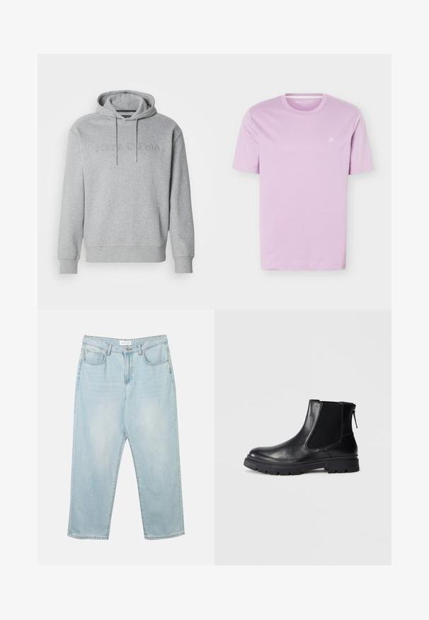 Haut à capuche gris en tissu mélangé de coton, avec un cordon de serrage à la capuche et un logo en relief sur le devant, muni de poignets et d'un ourlet côtelés.; T-shirt mauve clair à manches courtes avec col rond et petit logo blanc "M OP" sur le côté gauche de la poitrine, présenté sur un fond blanc.; Jean en denim bleu clair avec une coupe décontractée, cinq poches, une fermeture à bouton et un léger délavage. La texture est douce et légèrement usée.; Bottine en cuir noir avec une finition lisse, des panneaux latéraux en maille élastique et une semelle robuste avec un motif de crampons visible.