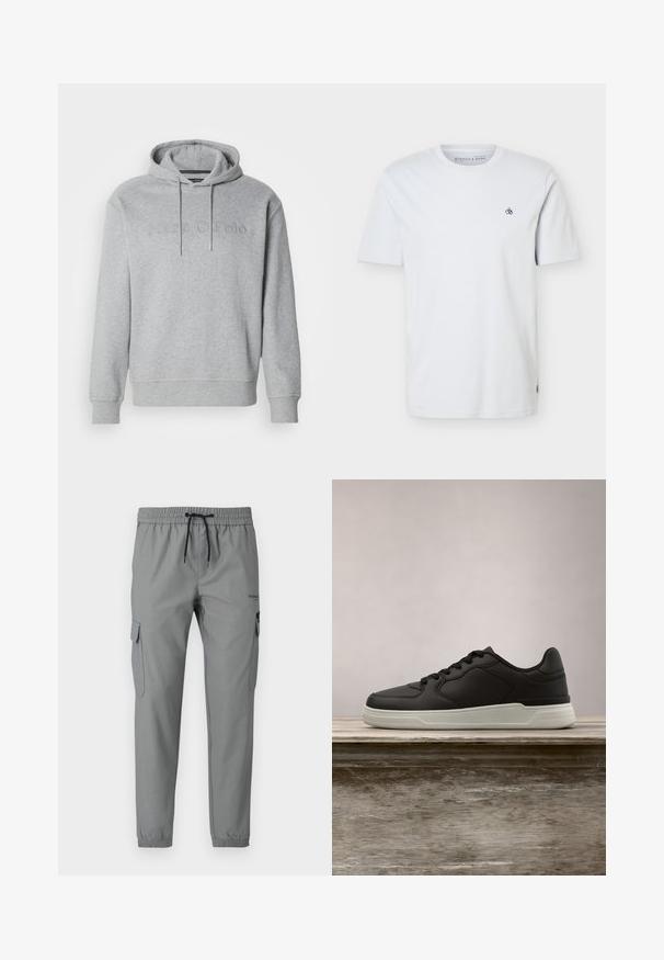 Haut à capuche gris en tissu mélangé de coton, avec un cordon de serrage à la capuche et un logo en relief sur le devant, muni de poignets et d'un ourlet côtelés.; T-shirt blanc à manches courtes et col rond avec petit logo noir "S&" sur le côté gauche de la poitrine et étiquette de marque discrète en bas à gauche.; Pantalon de jogging gris avec taille élastique, cordon de serrage et poches cargo latérales. Fabriqué en tissu léger avec une finition lisse.; Baskets noires avec semelle blanche suspendues au-dessus d'un banc en bois, avec un feuillage vert en arrière-plan flou.