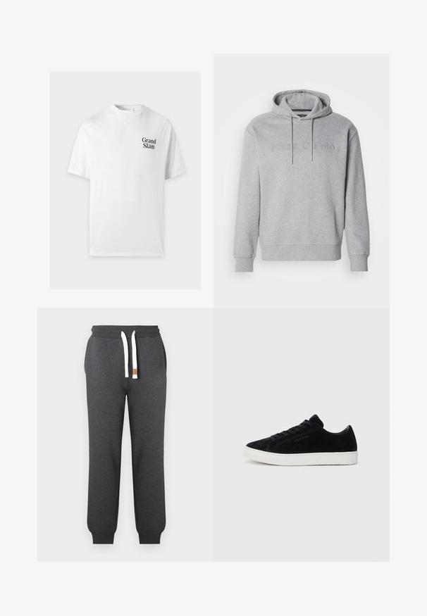 Haut à capuche gris en tissu mélangé de coton, avec un cordon de serrage à la capuche et un logo en relief sur le devant, muni de poignets et d'un ourlet côtelés.; T-shirt blanc à manches courtes avec texte noir "Grand Slam" sur la poitrine gauche et col rond.; Pantalon de jogging gris foncé en tissu doux, doté d'une taille à cordon blanc et de poignets ajustés aux chevilles.; Baskets en suède noir au design basse, à bout rond et semelle en caoutchouc blanche. Elles possèdent des lacets noirs et un branding minimaliste sur le côté.