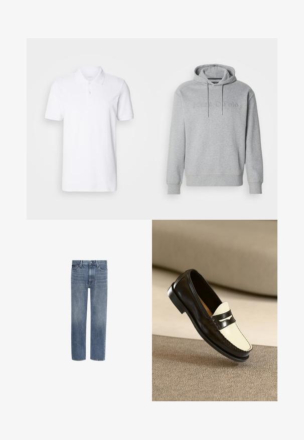 Haut à capuche gris en tissu mélangé de coton, avec un cordon de serrage à la capuche et un logo en relief sur le devant, muni de poignets et d'un ourlet côtelés.; Ecoalf Polo - white; Jean en denim bleu à jambes droites, avec poches avant, passants de ceinture et fermeture par bouton.; Mocassin en cuir noir avec un empeigne crème et des rayures noires, présentant un petit talon et des coutures détaillées le long des bords.