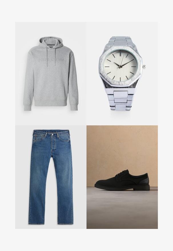 Grå hættetrøje lavet af bomuldsblanding, med snor i hætten og præget logo på fronten, samt ribbede manchetter og kant.; Blå straight-leg denimjeans med fem lommer, bæltestropper og lukning med knap og lynlås foran på en ensfarvet baggrund.; Sort lædersko med snørebånd, der svæver over et beige tæppe med en matchende beige sofa i baggrunden.; Sølv rustfrit stål ur med oktagonal kasse, børstet tekstur, minimalistisk lys sølv skive og sorte timemarkører. Metalrem.