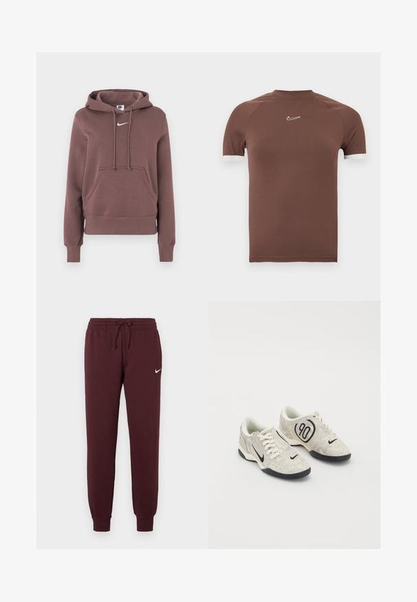 Sudadera con capucha marrón con bolsillo delantero, cordones y logo blanco de Nike en el pecho. Fabricada con tela suave, cuenta con puños y dobladillo acanalados.; Camisa marrón de manga corta hecha de tela suave con un cuello alto y detalles blancos en los puños de las mangas, con un pequeño logotipo en el pecho.; Pantalones de chándal burdeos con cintura elástica y cordón. Cuenta con puños acanalados y un pequeño logo blanco de Nike en el muslo izquierdo. Textura suave.; Zapatillas Nike con un upper texturizado en beige y gris, acentos negros, un gran logo de "90" y un cierre de cordones blancos. Suela negra.